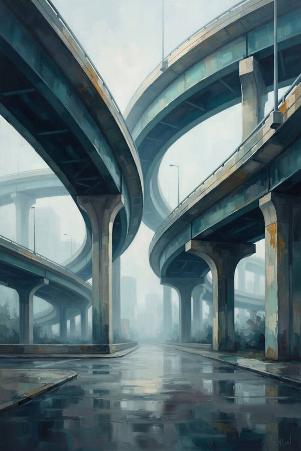 Kruispunt boven de Stad – Modern industrieel schilderij met viaducten