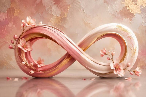 Infinity Bloesem – roze oneindigheid symbool schilderij met bloemen en goudaccenten