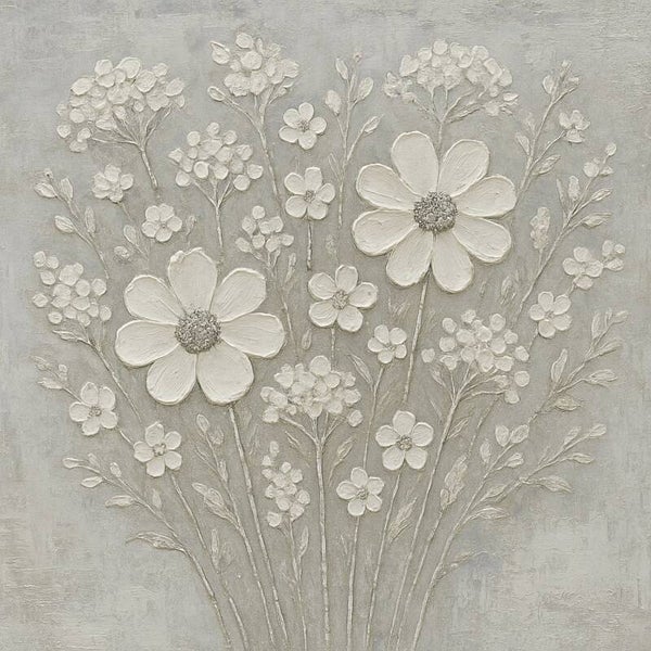 Soft Clay Bouquet – reliëf bloemenschilderij in taupe en crème