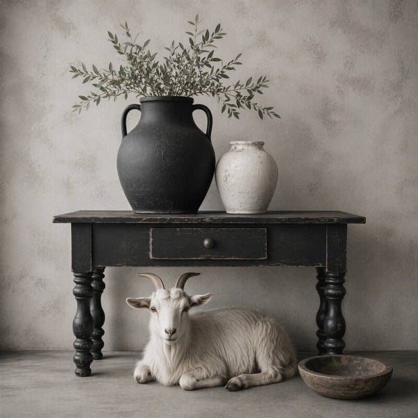 Onder de Tafel – landelijk geiten schilderij met zwarte sidetable