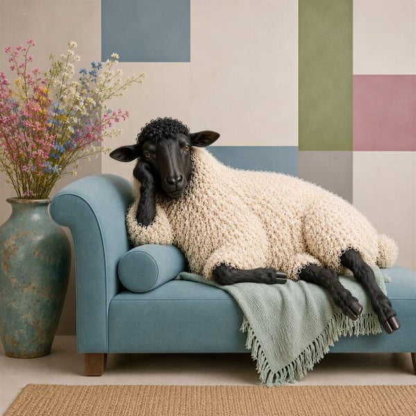 De Luie Zondag – modern landelijk schilderij met schaap op blauwe bank