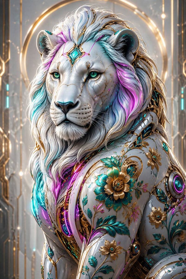 Gilded Shaman Lion - Luxe Witte Leeuw Schilderij met Gouden Bloemen en Pastel Manen