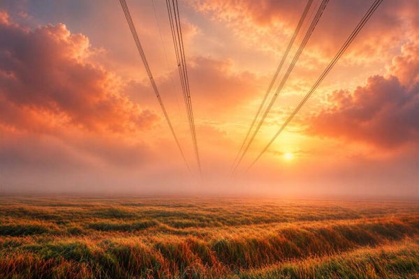 Lijnen naar het Licht – landschap schilderij met zonsondergang en hoogspanningslijnen