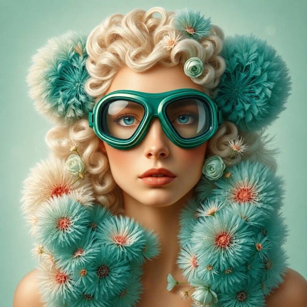 Polar Bloom – Vrouw schilderij met duikbril en pluizige bloemen