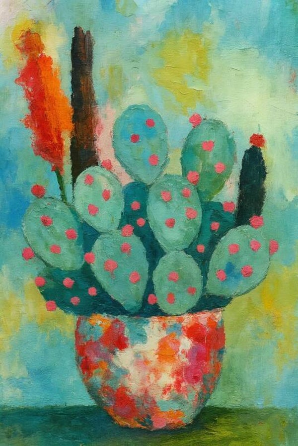 Abstract schilderij met cactus – kleurrijke wanddecoratie in roze en turquoise