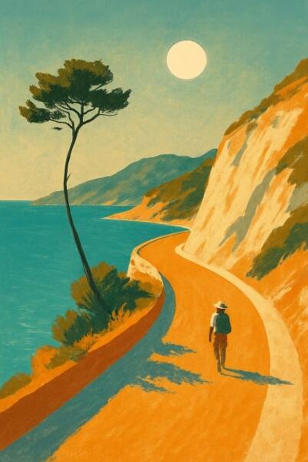 Moderne Wanddecoratie 'Zomerpad aan Zee' – Grafisch Landschap met Wandeling en Zon