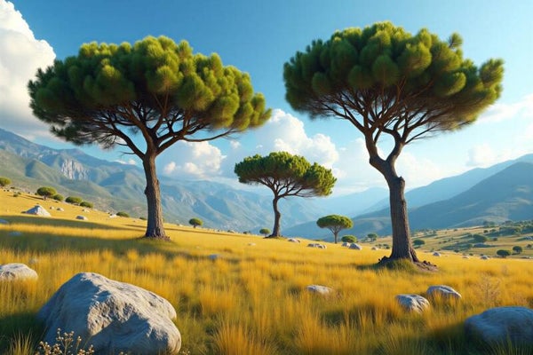 Gouden Velden – landschap schilderij met bomen, bergen en zonlicht