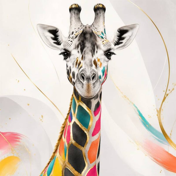 Hoog in Kleur – modern giraffe schilderij met goud
