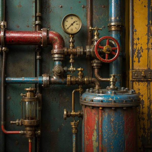 Onder Hoge Druk – Kleurrijke industriële leidingen met manometer