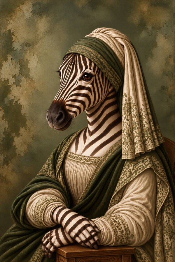 Mona Zebra in Olijfgroen – zebra schilderij in Mona Lisa stijl
