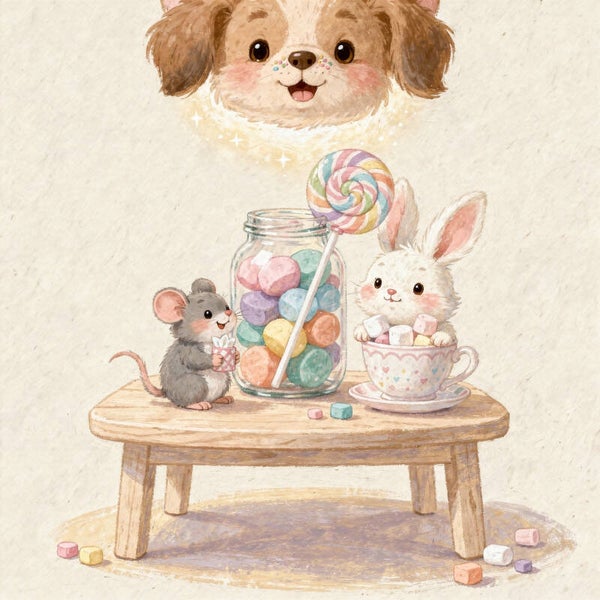 Zoete Dromen bij de Snoeppot – muis konijn puppy schilderij kinderkamer babykamer