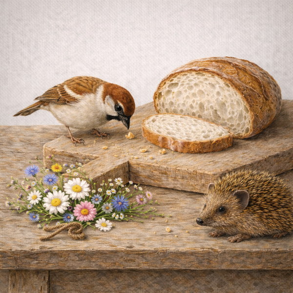 Broodkruimels – schilderij mus en egel met brood