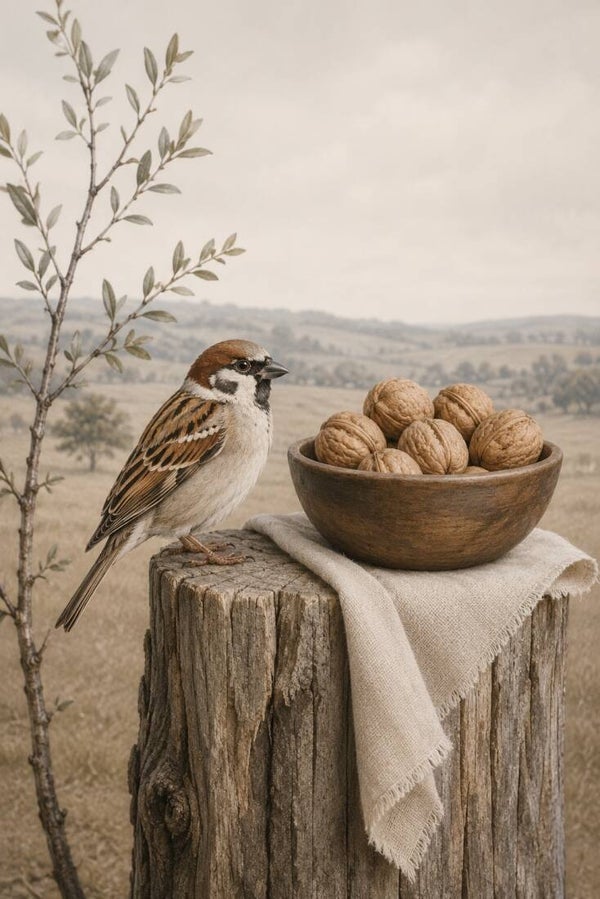Mus tussen de Walnoten – landelijk schilderij met vogel en aardetinten