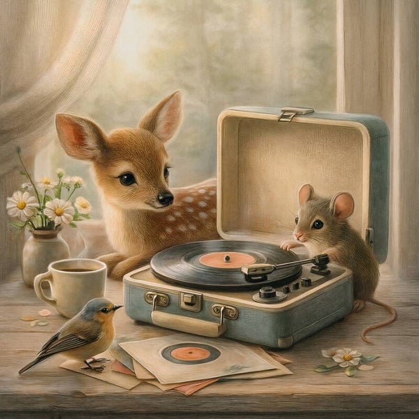 De Muzikale Koffietafel – schilderij hertje, muis en vogel bij platenspeler