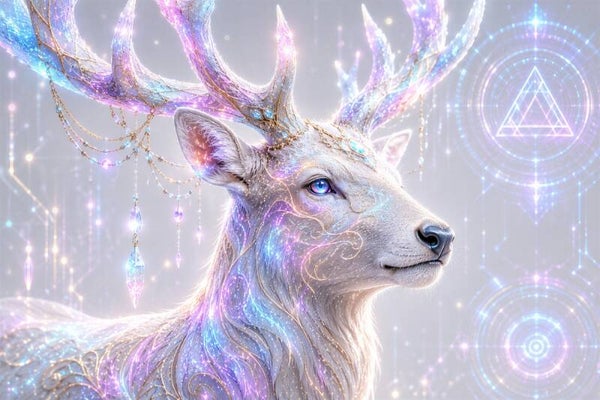 Celestial Stag - Luxe Mystiek Hert Schilderij met Kristallen Gewei en Heilige Geometrie