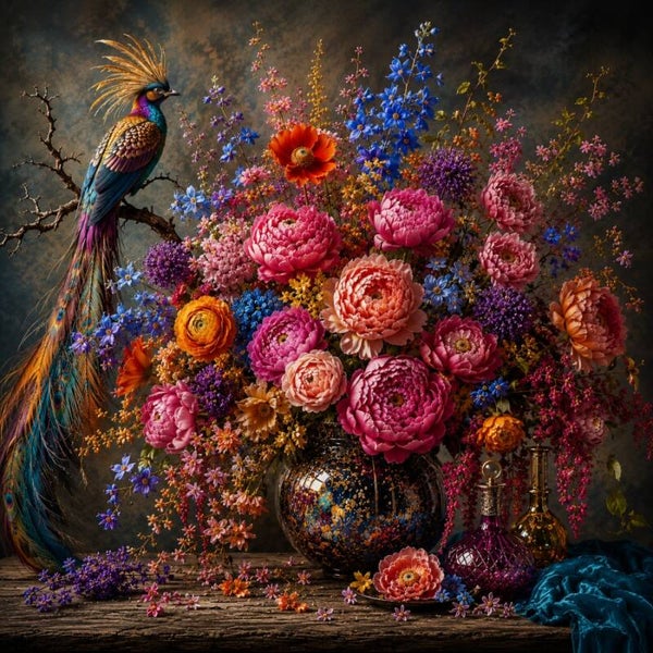 Nachtelijke Extase – Exotisch bloemen schilderij met paradijsvogel