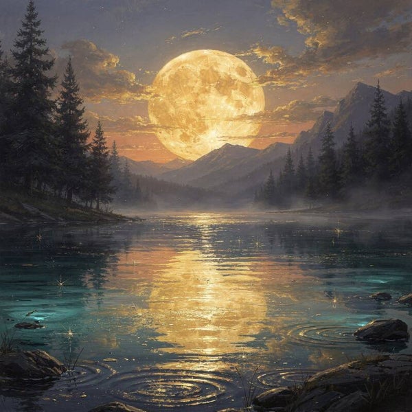 Gouden maan boven bergmeer – landschap schilderij met reflectie
