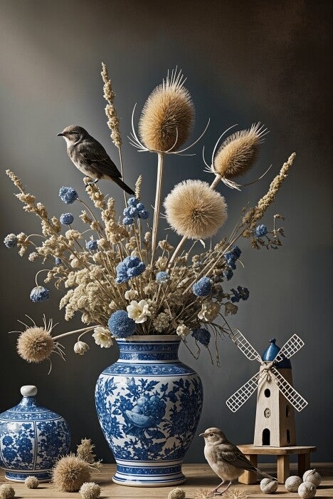 Bloemenschilderij Natuurpracht in Blauw – Hollandse vaas met gedroogde bloemen