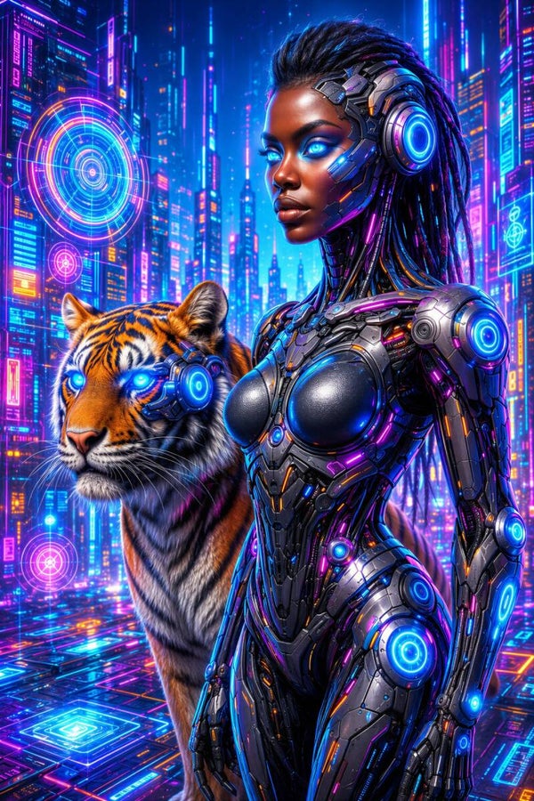 Neon Alliance – cyborg vrouw en tijger schilderij