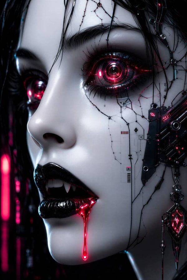 Neon Bloedlijn – cyberpunk vampier vrouw schilderij