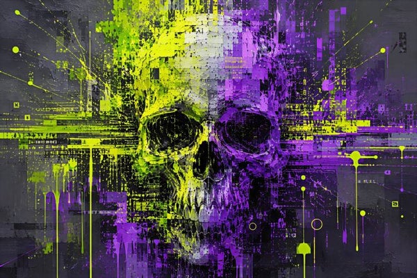 Neon Divide – Schedel Schilderij in Neon Groen en Paars