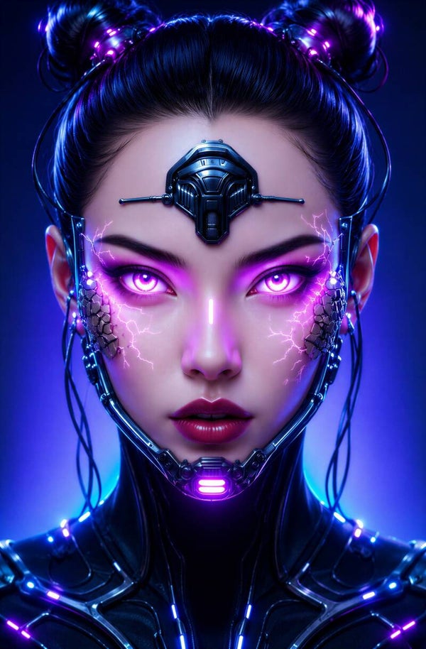 Neon Empress – futuristische cyborg vrouw schilderij