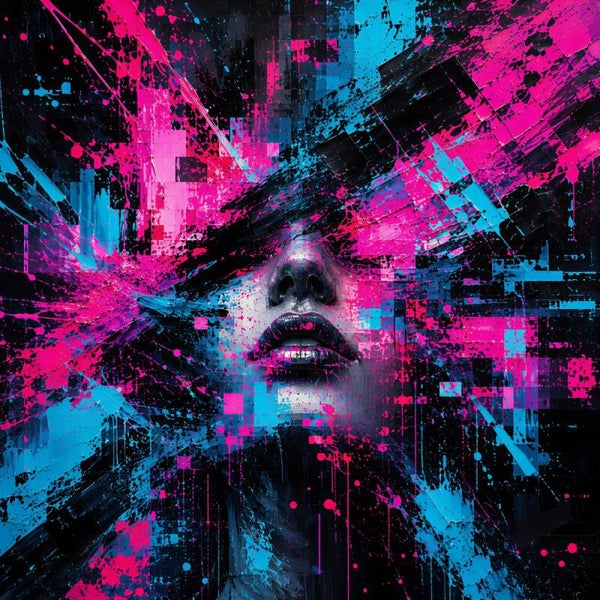Neon Fragment – Vrouwenportret Street Art Schilderij in Roze en Blauw