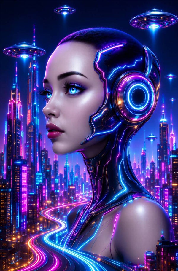 Neon Frequency – futuristische cyborg vrouw in neonstad schilderij
