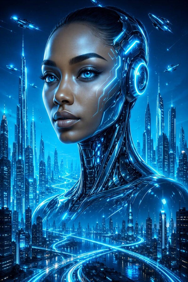 Neon Guardian – cyborg vrouw in futuristische stad schilderij