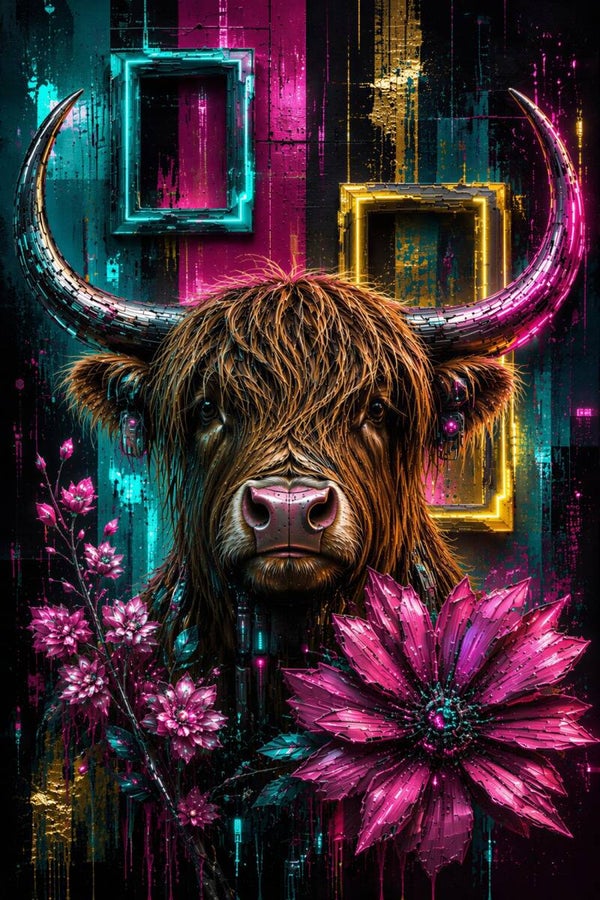 Neon Highland – Schotse Hooglander Schilderij met Bloemen in Roze en Turquoise