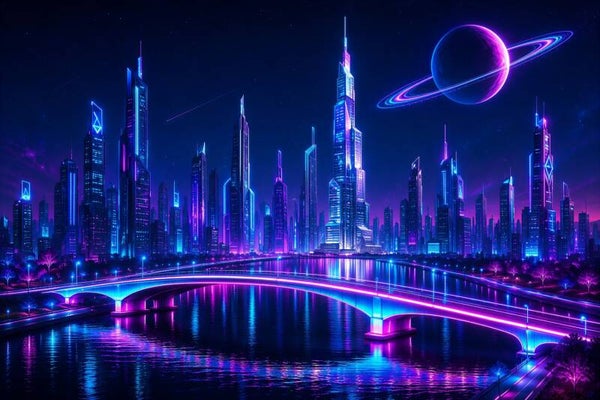 Neon Horizon – futuristische stad met ringplaneet schilderij