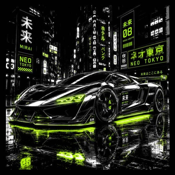 Neo Tokyo Supercar - Luxe Cyberpunk Sportwagen Schilderij in Neon Groene Stad