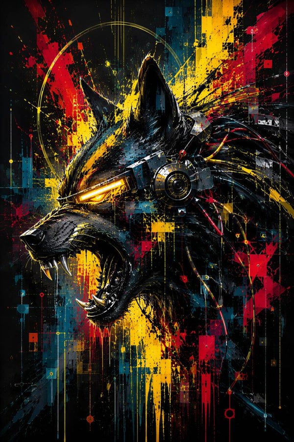 Neon Instinct – Cyber Wolf Schilderij in Geel Rood en Blauw