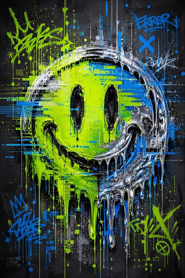 Neon Meltdown – Smiley Schilderij Street Art in Groen Blauw en Chroom
