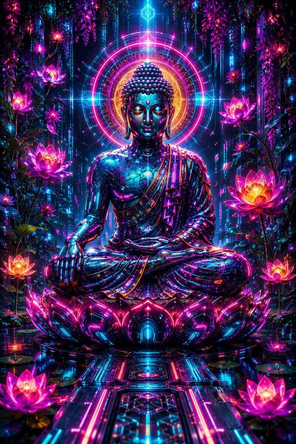 Neon Nirvana – Cyber Boeddha Schilderij met Lotusbloemen Paars en Blauw