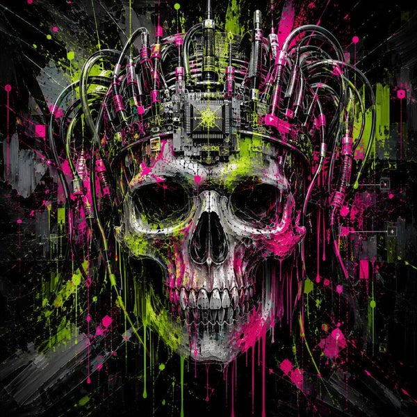 Neon Overload – Cyber Skull Graffiti Schilderij Roze Groen