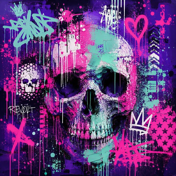 Neon Rebellion – Doodshoofd Graffiti Street Art Schilderij Roze Paars