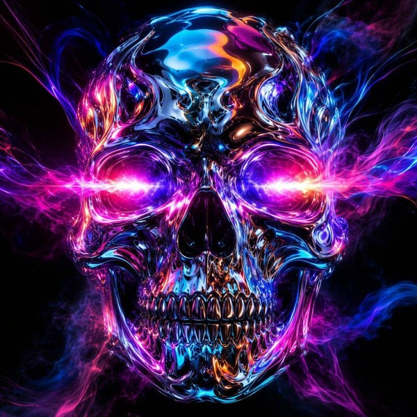 Neon Revenant – kleurrijke chromen schedel schilderij