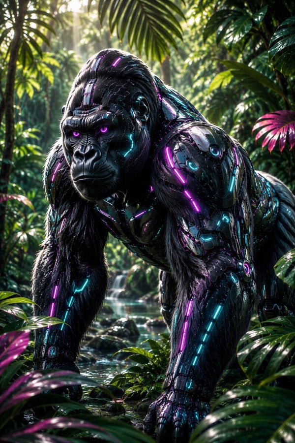 Cyber Gorilla - Futuristisch Mechanisch Gorilla Schilderij in Tropische Jungle