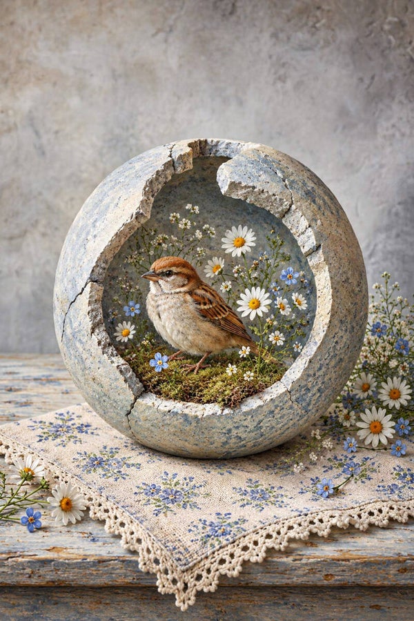 Nest van Vergeet-mij-nietjes – landelijk schilderij met mus