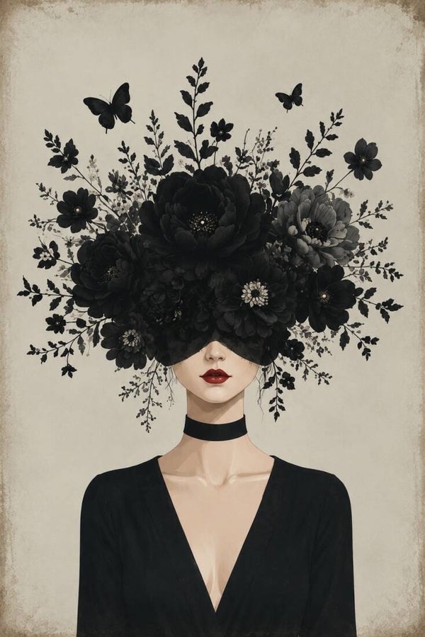Noctiflora – vrouw portret met zwarte bloemen