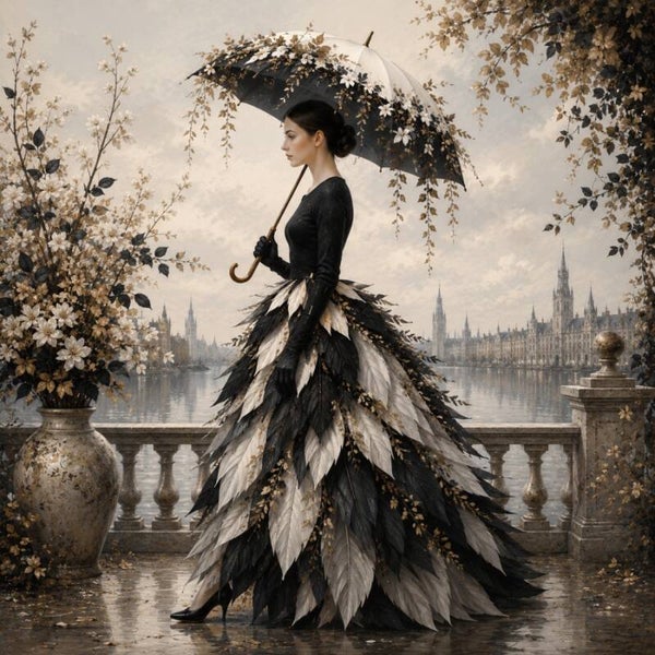 Noir Élan – Luxe wanddecoratie met bladerjurk en bloemenparaplu