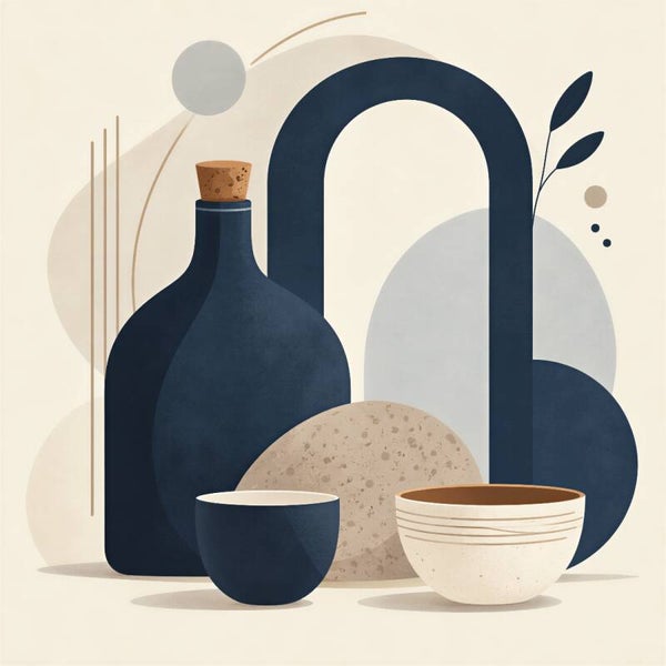 Nordic Table – abstract keuken schilderij met servies in blauw en beige