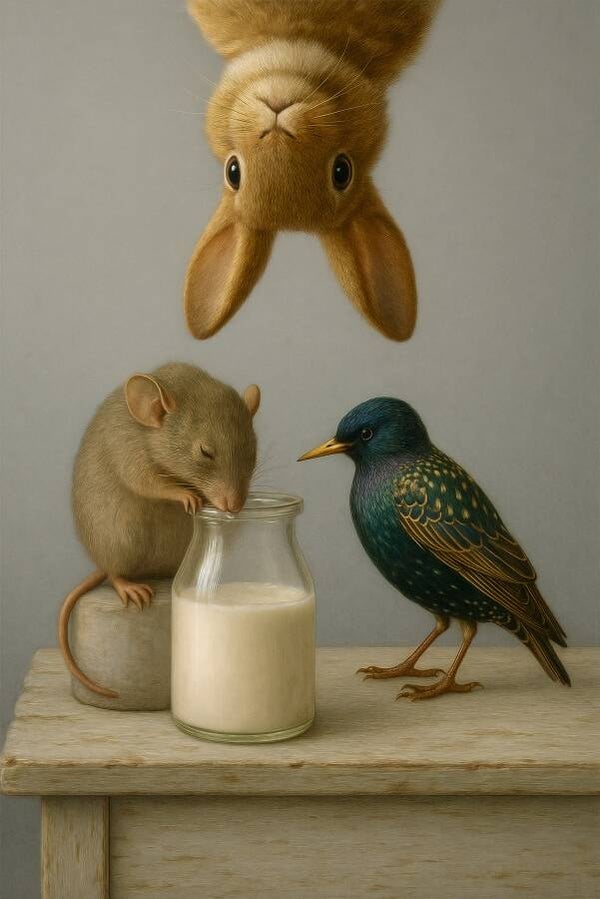 De Melkvrienden – dieren schilderij konijn muis vogel