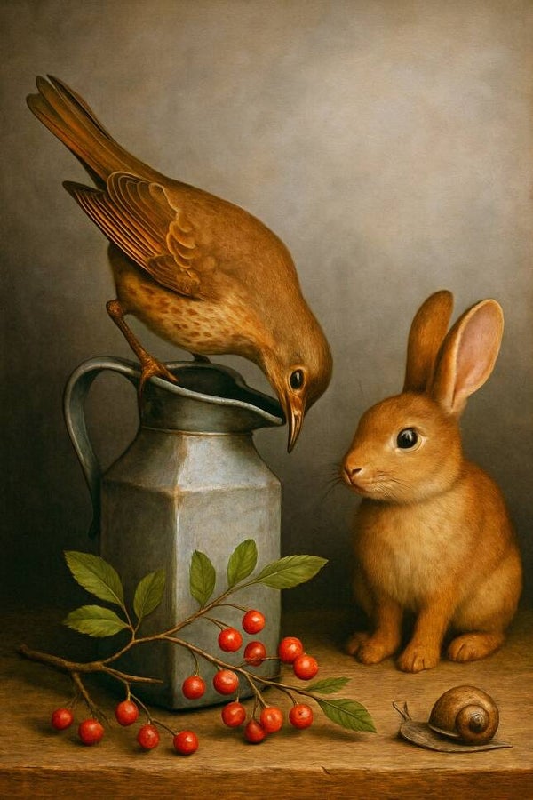 De Bessenwachters – dieren schilderij vogel en konijn