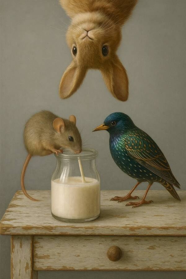 De Buikjesschoonmakers – dieren schilderij konijn muis vogel