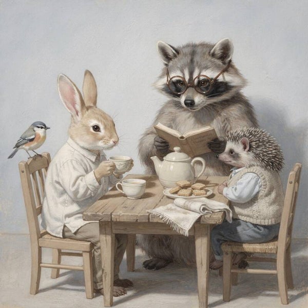 Het Verhalenuurtje – Schilderij Wasbeer, Konijn & Egel – Beige, Bruin & Wit – Nostalgisch Kunstwerk