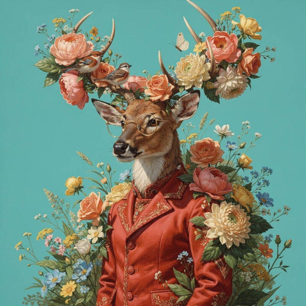 De Geleerde Woudheer – Hert met Bril en Rood Jasje – Turquoise & Terra – Nostalgische stijl