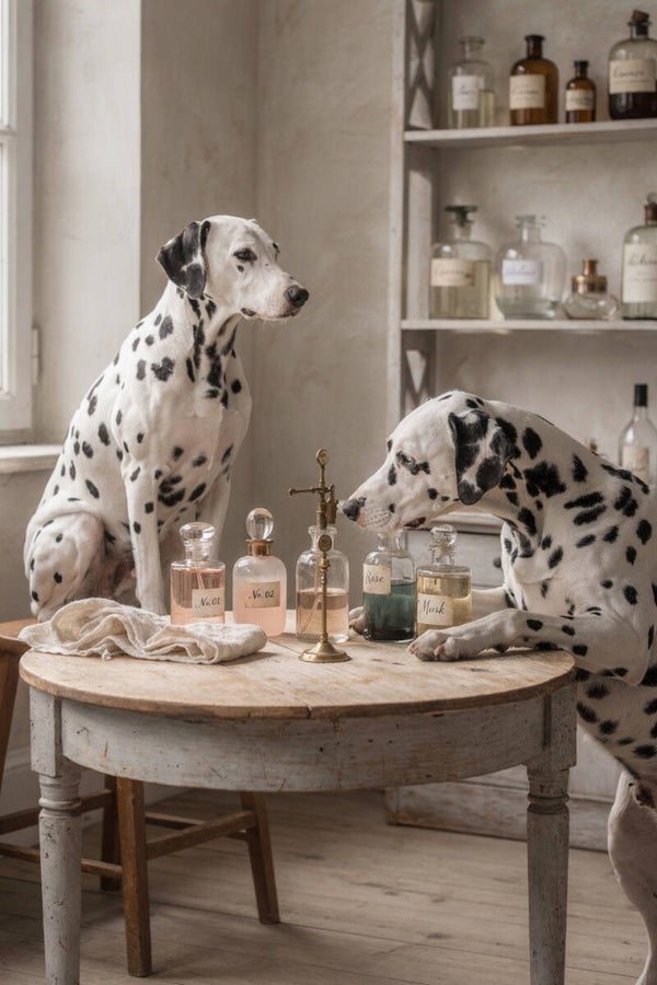 Essence de Rose – dalmatiërs in het parfumatelier nostalgisch schilderij