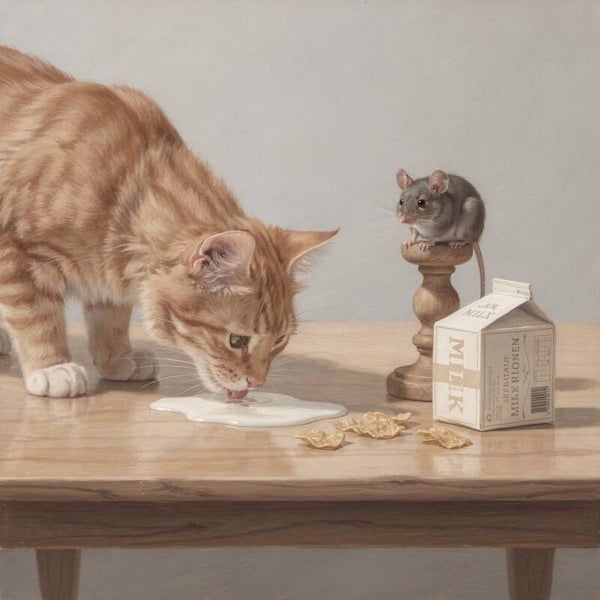 Zoete verleiding – kat, melk en muis op tafel nostalgisch schilderij